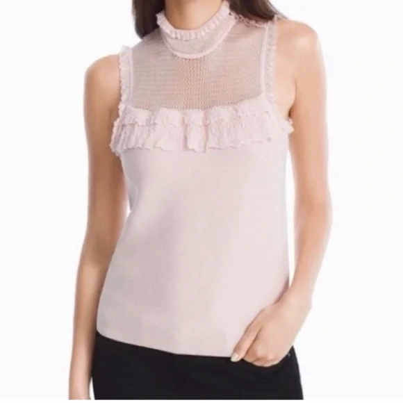 🌴 White House Black Market Pink Sleeveless Ruffled Mesh Blouse - Picture 5 of 6